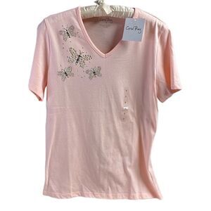CORAL BAY NWT Ladies Scoop Neck Butterfly Embellished Rhinestones Top Small Pink
